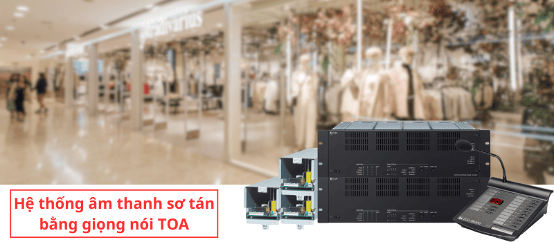 Cấu hình hệ thống âm thanh sơ tán bằng giọng nói TOA VX-3000 gồm Micro chọn vùng, bộ điều khiển, module tăng âm số